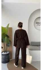 Kuşaklı Nervür Dikişli Örme Takım - Kahverengi - Kod: 8839