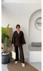 Kuşaklı Nervür Dikişli Örme Takım - Kahverengi - Kod: 8839