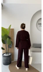 Kuşaklı Nervür Dikişli Örme Takım - Mürdüm - Kod: 8839