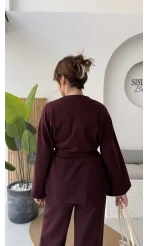 Kuşaklı Nervür Dikişli Örme Takım - Mürdüm - Kod: 8839