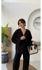 Kuşaklı Nervür Dikişli Örme Takım - Siyah - Kod: 8839