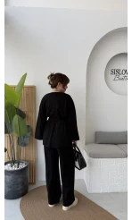 Kuşaklı Nervür Dikişli Örme Takım - Siyah - Kod: 8839