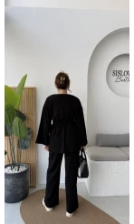 Kuşaklı Nervür Dikişli Örme Takım - Siyah - Kod: 8839