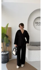 Kuşaklı Nervür Dikişli Örme Takım - Siyah - Kod: 8839