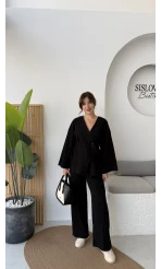 Kuşaklı Nervür Dikişli Örme Takım - Siyah - Kod: 8839