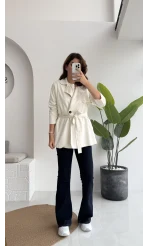 Kuşaklı Süet Trençkot - Kırık Beyaz