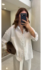 Kuşgözü Oversize Gömlek - Beyaz - Kod: 5157