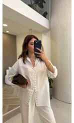 Kuşgözü Oversize Gömlek - Beyaz - Kod: 5157