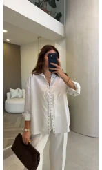 Kuşgözü Oversize Gömlek - Beyaz - Kod: 5157