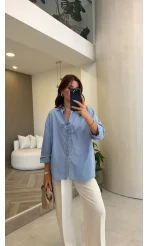 Kuşgözü Oversize Gömlek - Mavi - Kod: 5157