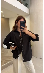 Kuşgözü Oversize Gömlek - Siyah - Kod: 5157
