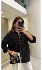 Kuşgözü Oversize Gömlek - Siyah - Kod: 5157