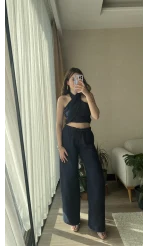 Lacivert Boyundan Bağlamalı Müslin Kumaş Takım