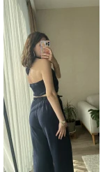 Lacivert Boyundan Bağlamalı Müslin Kumaş Takım