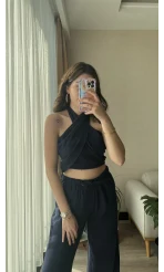 Lacivert Boyundan Bağlamalı Müslin Kumaş Takım