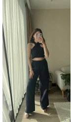 Lacivert Boyundan Bağlamalı Müslin Kumaş Takım