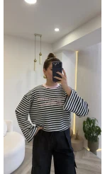 Lacivert Çizgili Pembe Baskılı Sweatshirt - Kod: 1126