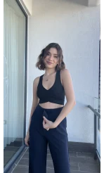 Lacivert Likralı Cırtlı Pantolon