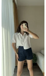 Lacivert Müslin Keten Karışımlı Şort