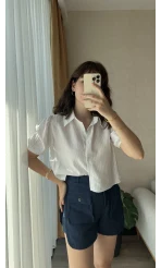 Lacivert Müslin Keten Karışımlı Şort