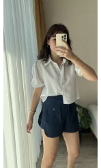 Lacivert Müslin Keten Karışımlı Şort