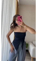 Lacivert Straplez Büzgülü Üst