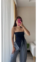 Lacivert Straplez Büzgülü Üst