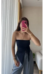 Lacivert Straplez Büzgülü Üst