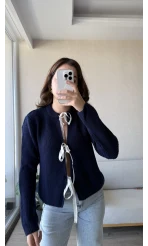 Lacivert Triko Bağlamalı Hırka