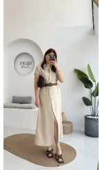 Lale Kısa Kollu Kemerli Gömlek Elbise - Taş- 3307