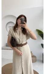 Lale Kısa Kollu Kemerli Gömlek Elbise - Taş- 3307