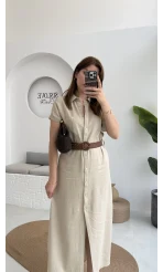 Lale Kısa Kollu Kemerli Gömlek Elbise - Taş- 3307