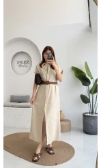 Lale Kısa Kollu Kemerli Gömlek Elbise - Taş- 3307