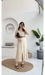 Lale Kısa Kollu Kemerli Gömlek Elbise - Taş- 3307