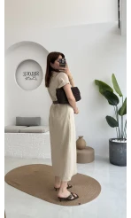 Lale Kısa Kollu Kemerli Gömlek Elbise - Taş- 3307