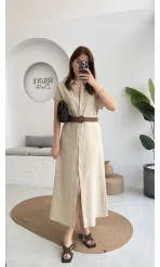 Lale Kısa Kollu Kemerli Gömlek Elbise - Taş- 3307