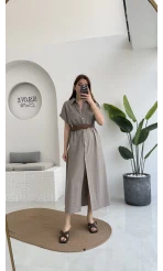 Lale Kısa Kollu Kemerli Gömlek Elbise - Vizon - 3307