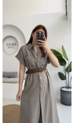 Lale Kısa Kollu Kemerli Gömlek Elbise - Vizon - 3307