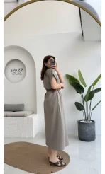 Lale Kısa Kollu Kemerli Gömlek Elbise - Vizon - 3307