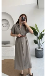 Lale Kısa Kollu Kemerli Gömlek Elbise - Vizon - 3307