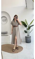 Lale Kısa Kollu Kemerli Gömlek Elbise - Vizon - 3307