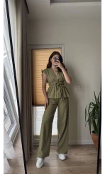 Lastik Detay Bluz Takım - Haki