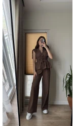 Lastik Detay Bluz Takım - Kahve