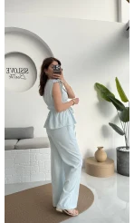 Lastik Detay Bluz Takım - Mavi