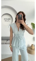 Lastik Detay Bluz Takım - Mavi