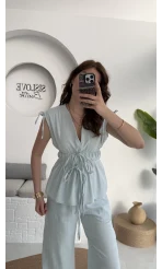 Lastik Detay Bluz Takım - Mavi