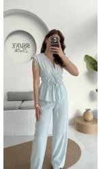 Lastik Detay Bluz Takım - Mavi