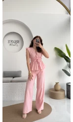 Lastik Detay Bluz Takım - Pembe