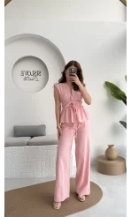 Lastik Detay Bluz Takım - Pembe