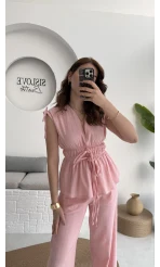 Lastik Detay Bluz Takım - Pembe